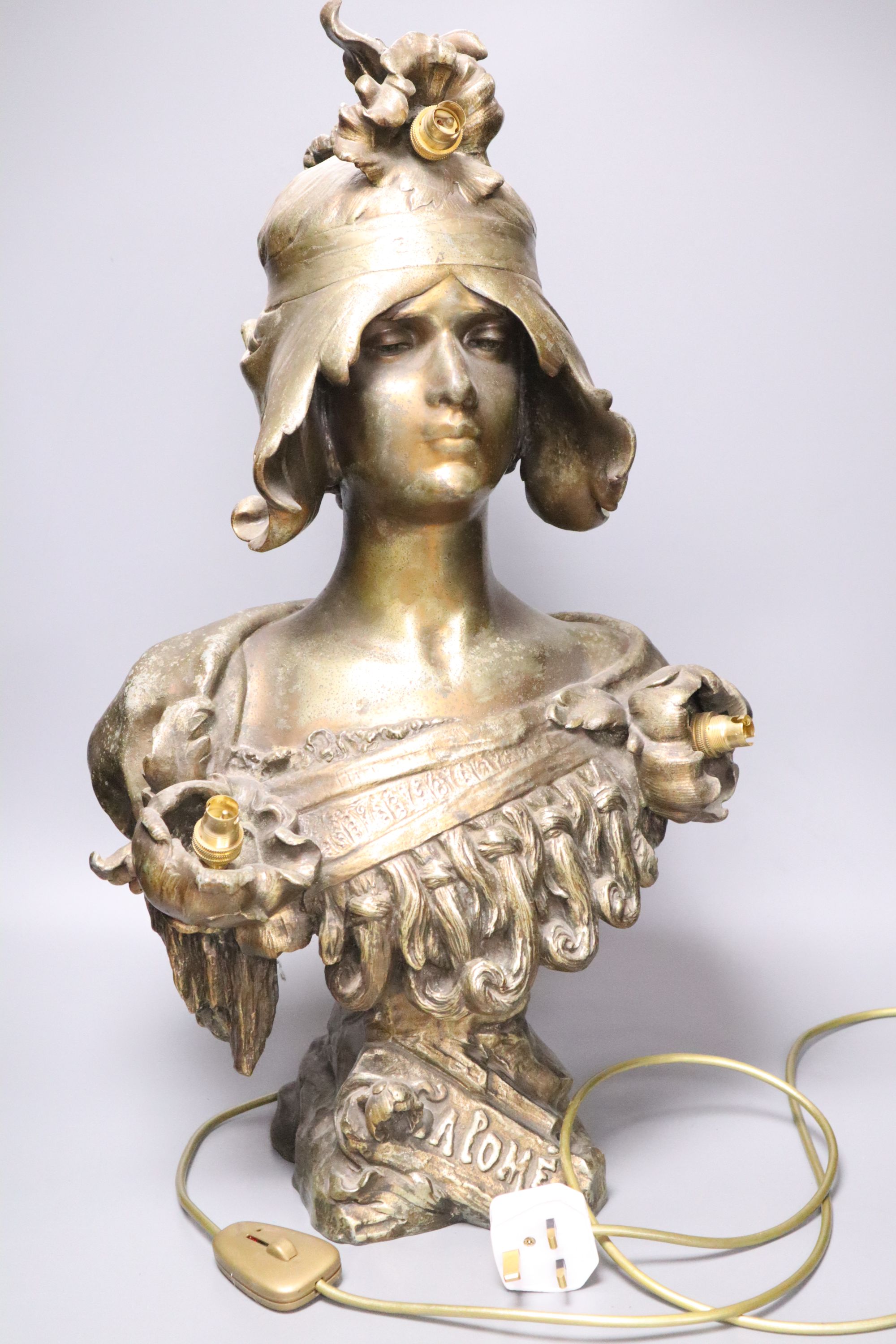A bronze bust of a lady titled Alome, converted to a lamp, height 62cm